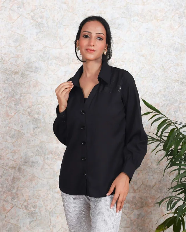 Black Cotton Shirt Welt Pockets Slit Pockets Flap Pockets