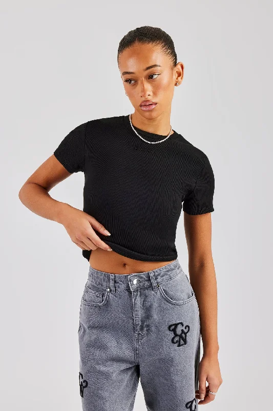 Cernucci Embroidered Rib Baby Tee - Black Embroidered Appliqued Beaded