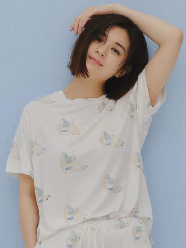 COOL Polar Bear Motif Lounge T-Shirt Chenille Brocade Lace