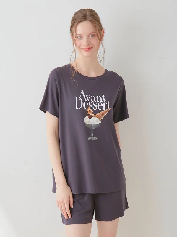 COOL Rayon Dessert Logo Relaxed Fit T-shirt Welt Pockets Slit Pockets