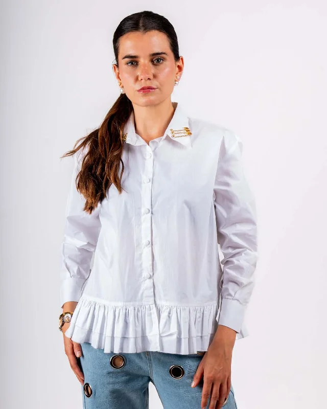 Cotton Ruffle Shirt Front Pockets Side Pockets Patch Pockets