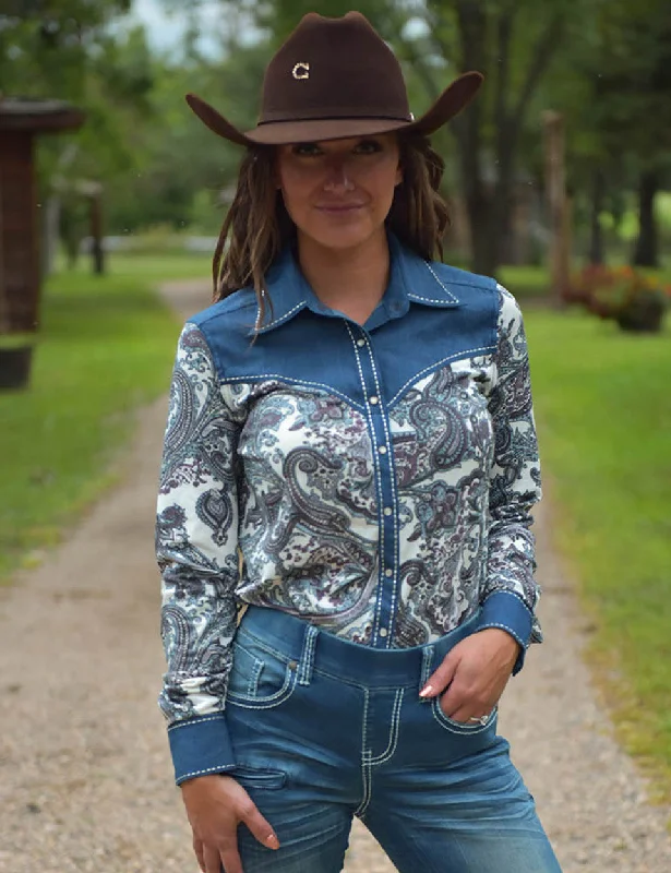 Cowgirl Tuff Denim Blue Paisley Pullover Shirt Mesh Blend Leather Blend Suede Blend