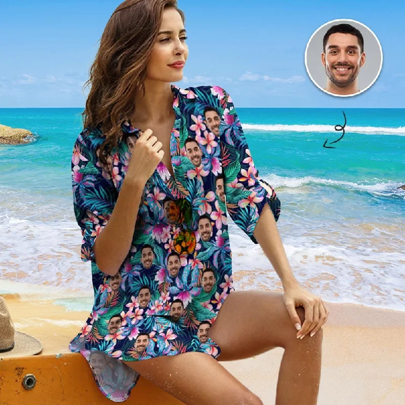 Custom Face Colorful Leaf Pink Flower Chiffon Shirt Dress Cover Up Thin Personalized Womens V-Neck Bikini Beach Tunic Top Wool Fabric Cashmere Fabric Tweed Fabric