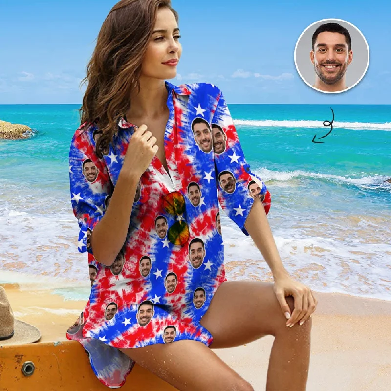 Custom Face Colorful Red&Blue Chiffon Shirt Thin Dress Cover Up Personalized Women's V-Neck Bikini Beach Tunic Top Polka Dot Checkered Tartan