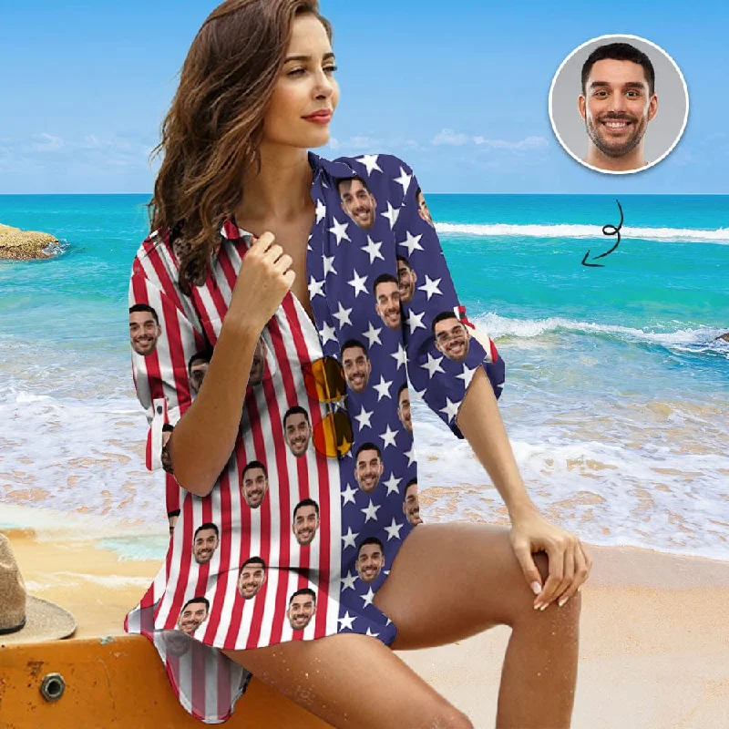 Custom Face Flag Vertical Stripes Chiffon Shirt Dress Thin Cover Up Personalized Women's V-Neck Bikini Beach Tunic Top Denim Fabric Leather Fabric Suede Fabric