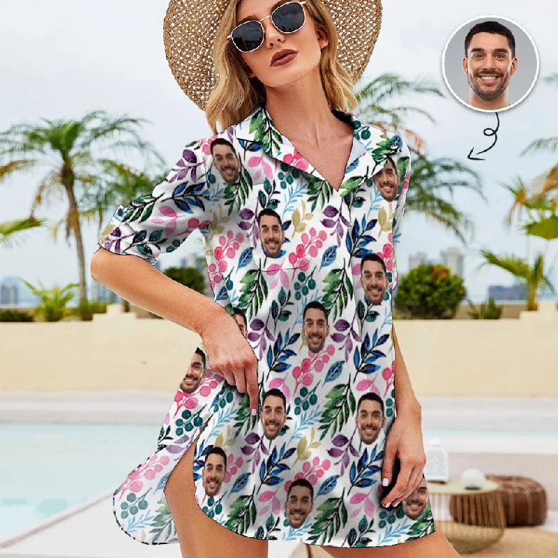 Custom Face Colorful Leaf Chiffon Shirt Dress Cover Up Personalized Women's V-Neck Bikini Beach Tunic Top Chenille Fabric Brocade Fabric Lace Fabric