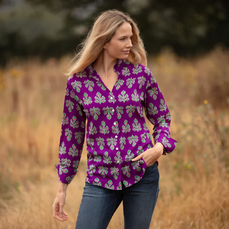 Ella Shirt In Violet & Green Thistle Rayon Velvet Corduroy