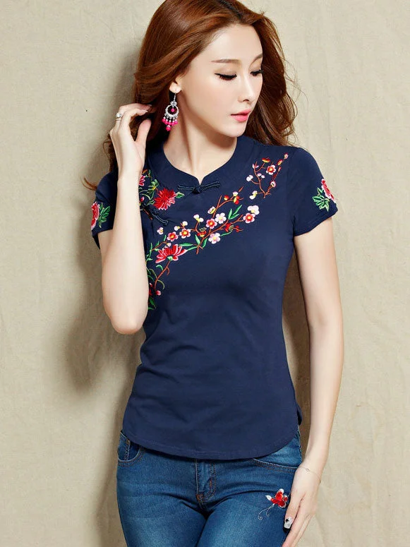 Embroidered Round Neck Cheongsam T-Shirt Notch Collar Peter Pan Collar Cowl Neck