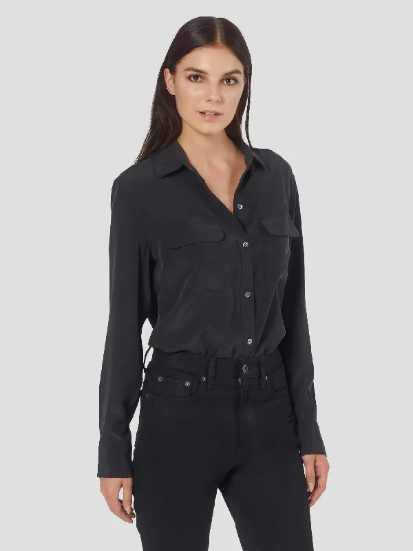 Equipment Signature Silk Shirt - TRUE BLACK Collared T-Shirt Boat Neck A-Line