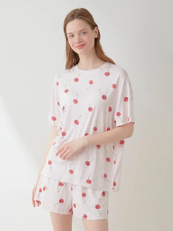 Fruit Pattern Drop Shoulder Lounge T-Shirt Houndstooth Herringbone Solid