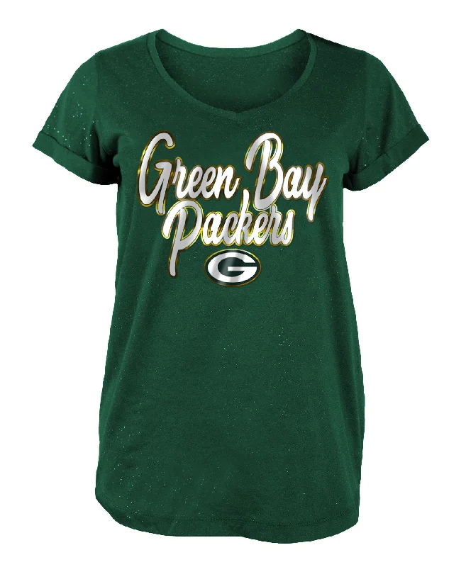 Green Bay Packers Glitter Print Foil Women's Shirt Ribbed T-Shirt High Neck Heavyweight