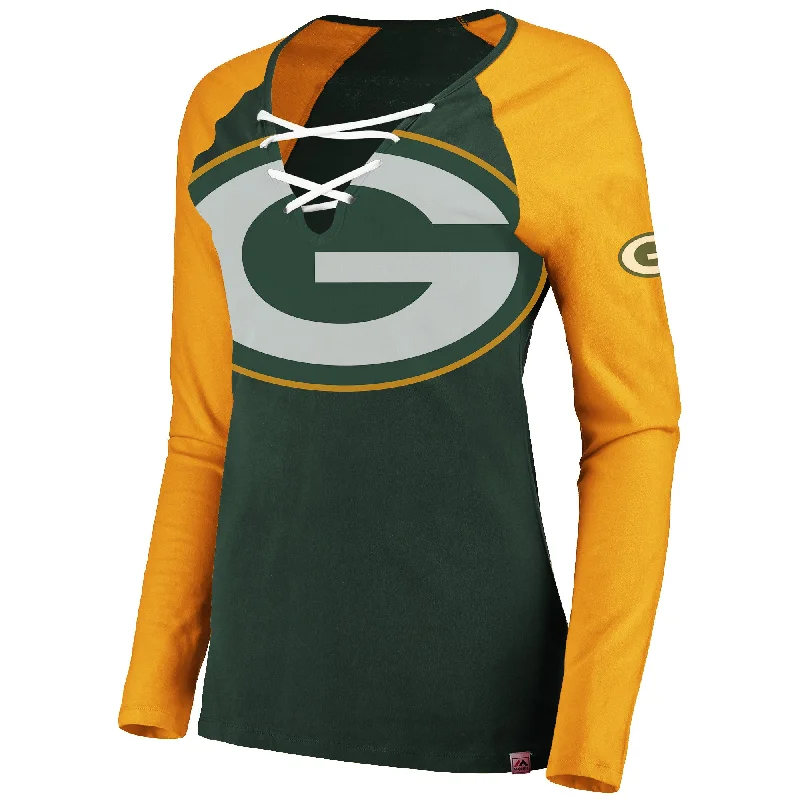 Green Bay Packers The Lace Up Long Sleeve Tee Spandex Blend Rayon Blend Denim Blend