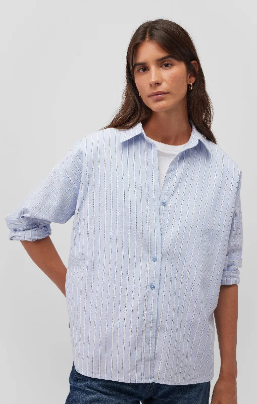 LONG SLEEVE BUTTON-UP SHIRT IN BLUE STRIPE Terry Blend Velvet Blend Canvas Blend