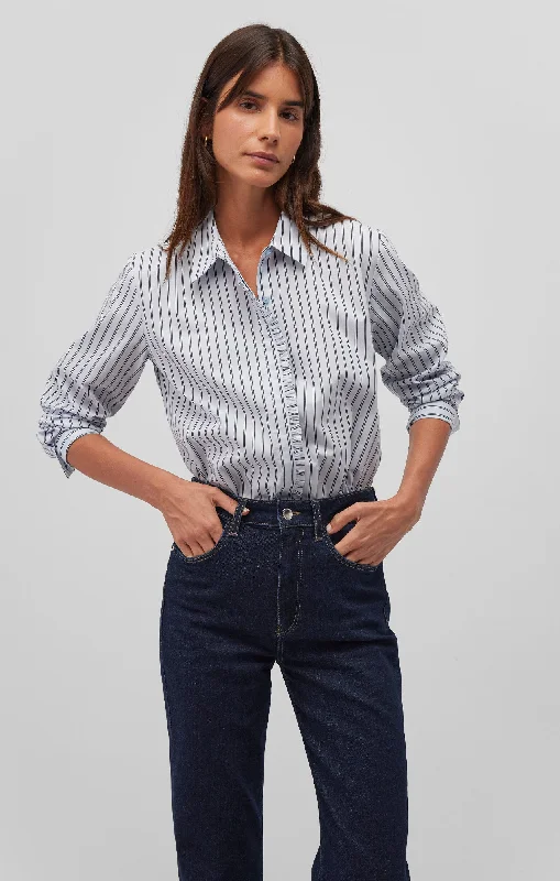 LONG SLEEVE BUTTON-UP SHIRT IN NAVY STRIPED Modern Contemporary Chic