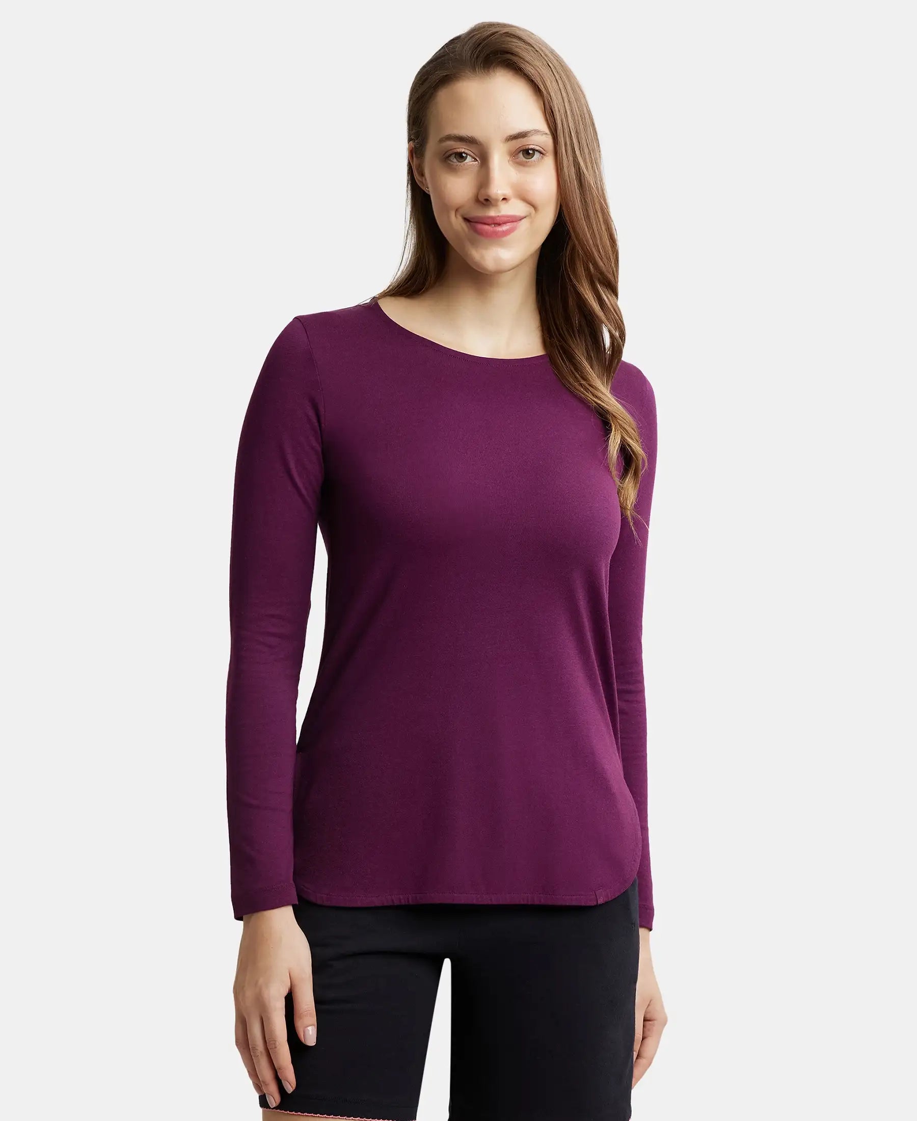 Micro Modal Cotton Relaxed Fit Solid Round Neck Full Sleeve T-Shirt with Curved Hem Styling - Purple Wine Graphic T-Shirt Round Neck Polyester