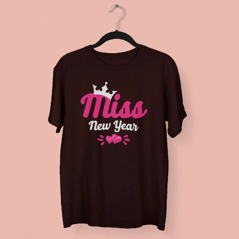 Miss New Year Round Neck Half Sleeve Classic T-Shirt Collared T-Shirt Boat Neck A-Line