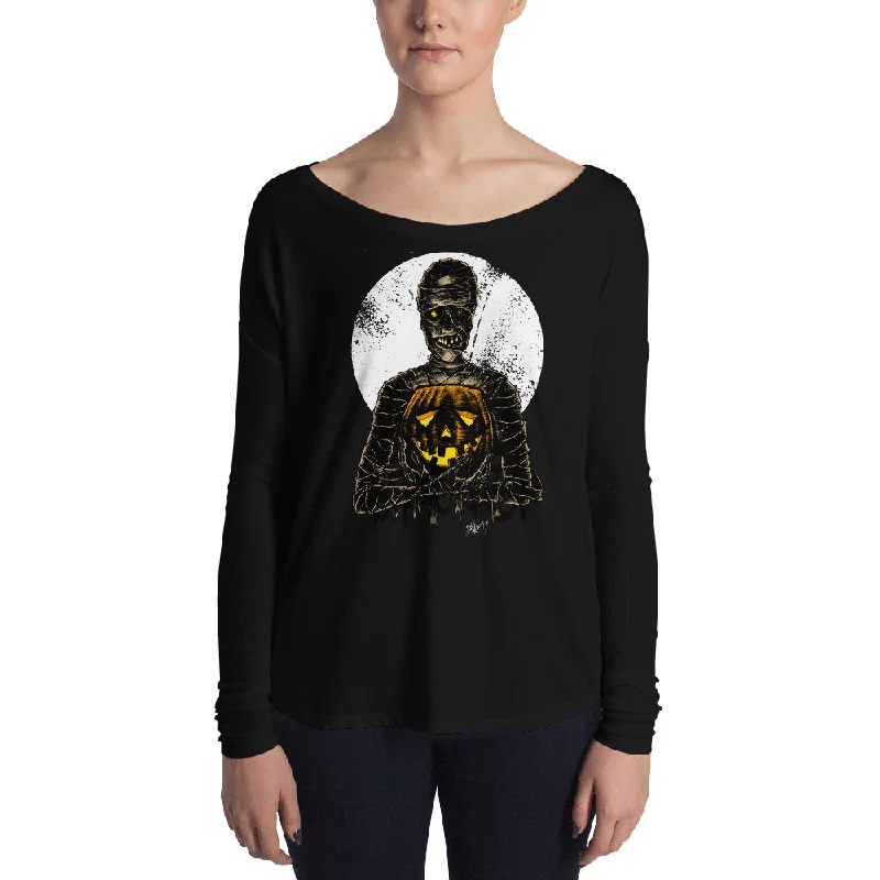 Monster Holiday - Mummy Ladies' Long Sleeve Tee Front Pockets Side Pockets Patch Pockets Monster Holiday - Mummy Ladies' Long Sleeve Tee Front Pockets Side Pockets Patch Pockets