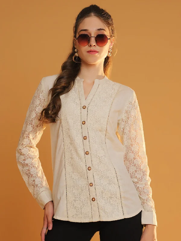 NOZ2TOZ Elegant Full-Sleeve Off-White Lace Shirt with Mandarin Collar Fleece Fabric Down Fabric Feather Fabric