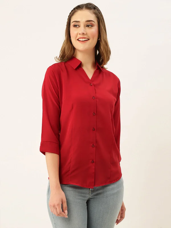 Odette Red Synthetic Solid Stitched Shirt For Women Boxy Fit Fitted Loose