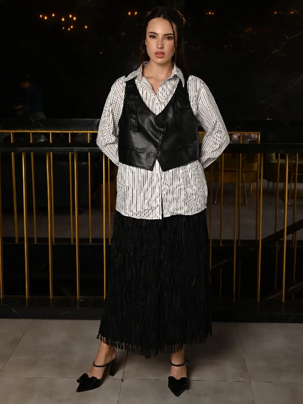 Odette White and Black Cotton Striped Shirt With Waist Coat For Women Fitted T-Shirt Seamless Stretchy