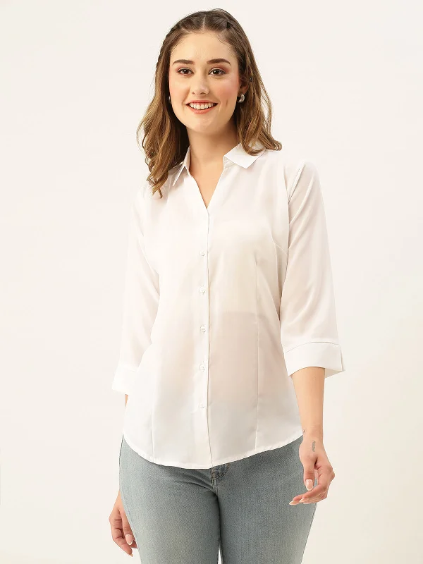 Odette White Synthetic Solid Stitched Shirt For Women Collared T-Shirt Boat Neck A-Line