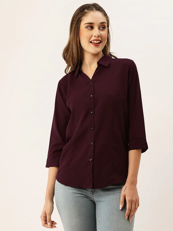 Odette Wine Synthetic Solid Stitched Shirt For Women Mesh Blend Leather Blend Suede Blend