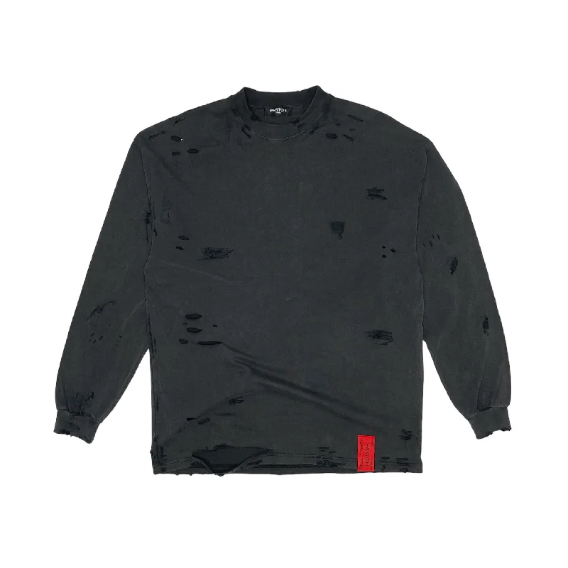 PARTCH Distressed Atelier T-Shirt L/S Vintage Black Cotton Iron Safe Non-Iron Wrinkle Free