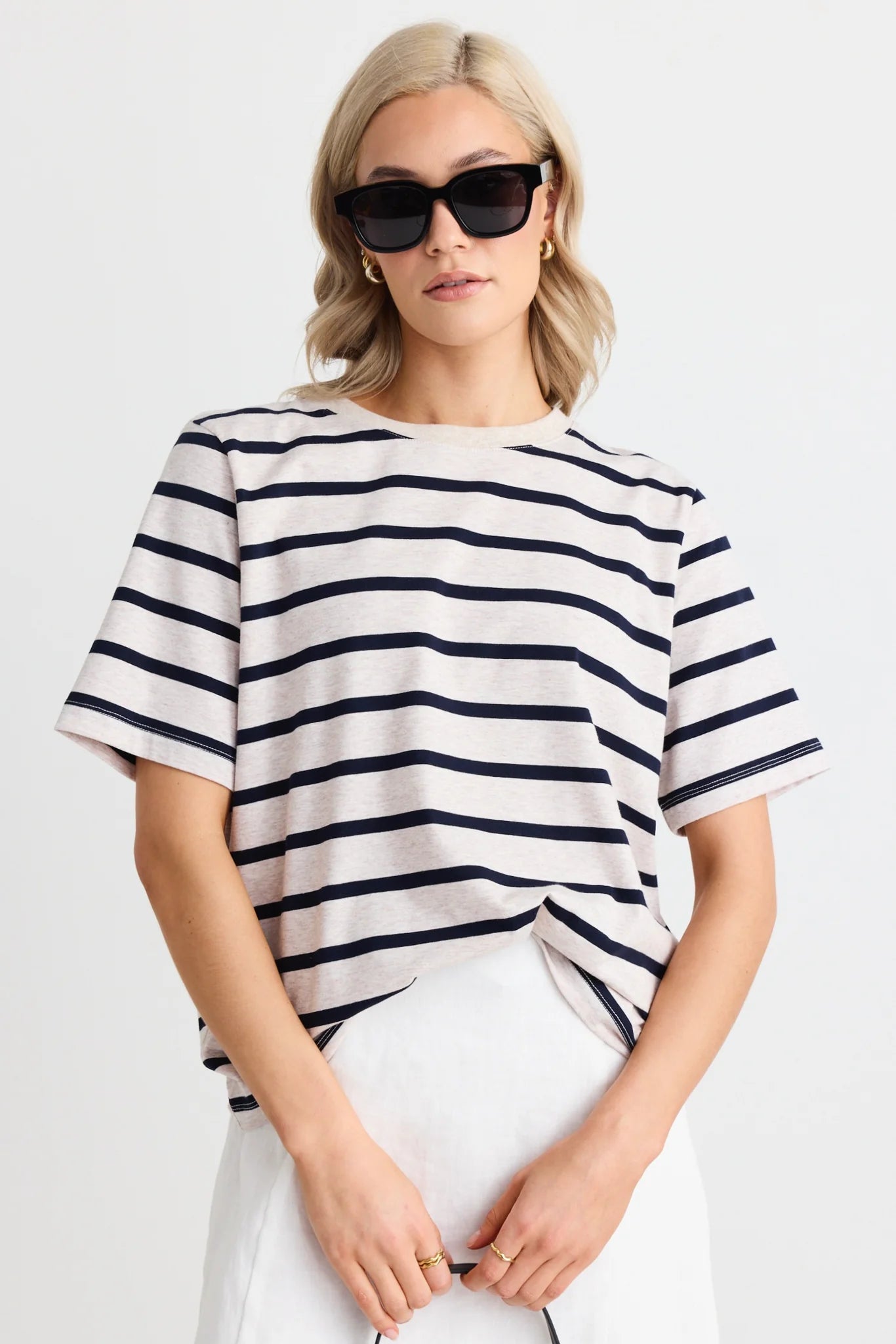 RE:UNION BINDING ECRU NAVY STRIPE BOXY FIT TEE Casual Formal Business