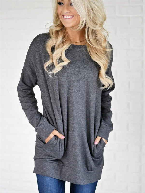 hoombox Round Neck Long Sleeve Pocket Solid Color Loose Long Sleeve T-shirt Terry Blend Velvet Blend Canvas Blend