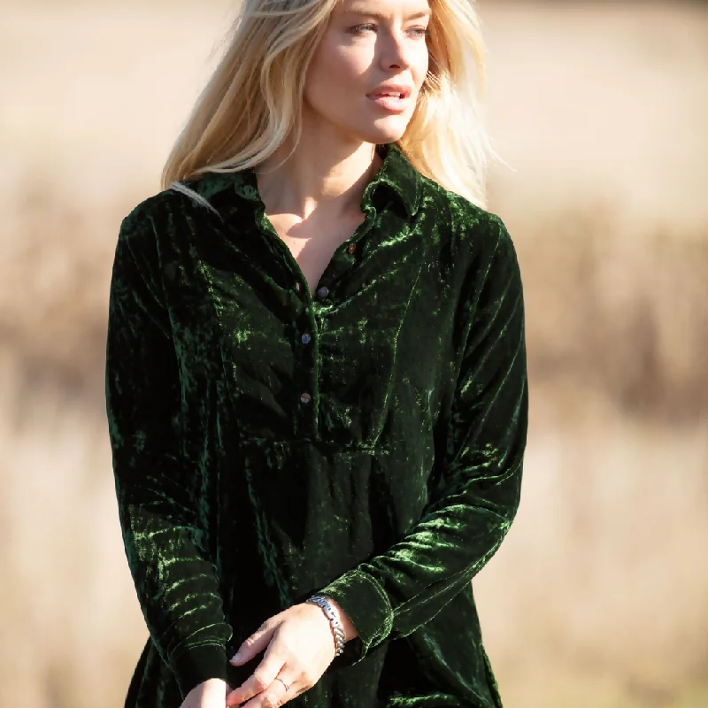 Silk Velvet Shirt In Forest Green Collared Crew Neck Turtle Neck