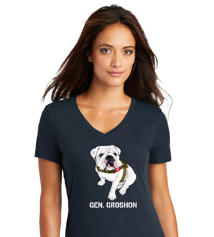 The Citadel Mascot Bulldog, Gen. Groshon AKA G3 Women’s V-Neck Tee Shirt Hooded Caped Shawl Collar