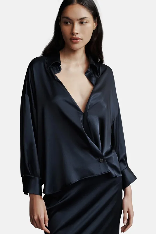 Run, Don't Walk Silk Shirt Midnight Hooded Caped Shawl Collar