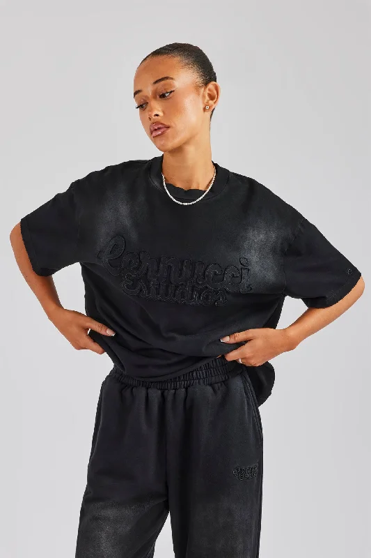 Washed Embroidered Body T-Shirt - Black Mesh Canvas Denim