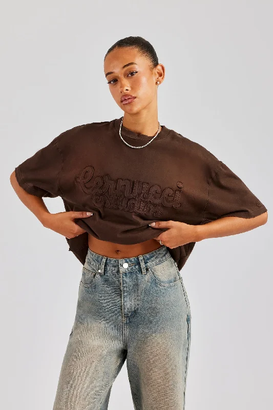 Washed Embroidered Body T-Shirt - Brown Denim Fabric Leather Fabric Suede Fabric