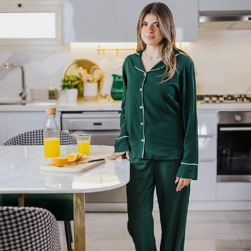 Women summer pajama set Dark green buttoned shirt + Pants Hooded Caped Shawl Collar