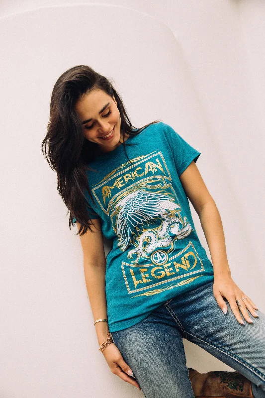 Women's Cotton American Legend Graphic Print Blue T-shirt Hooded Caped Shawl Collar