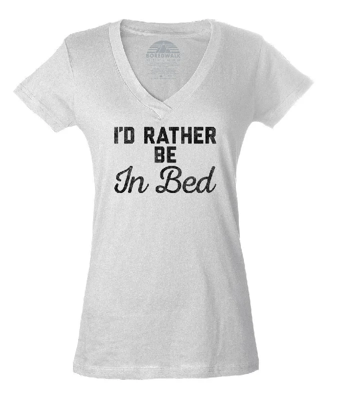 Women's I'd Rather Be in Bed Vneck T-Shirt Print Jacquard Patchwork