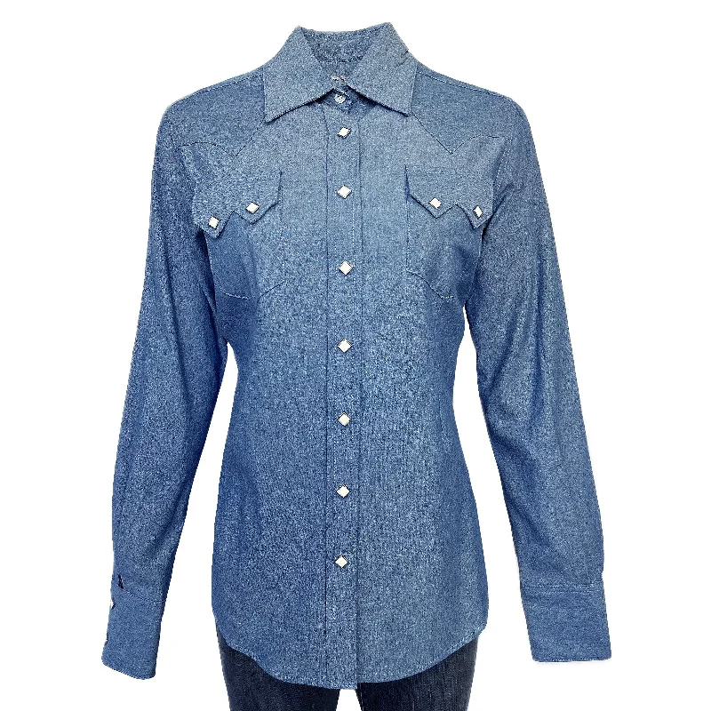 Women's Indigo Chambray Sawtooth Pocket Western Shirt Mesh Fabric Canvas Fabric Denim Fabric