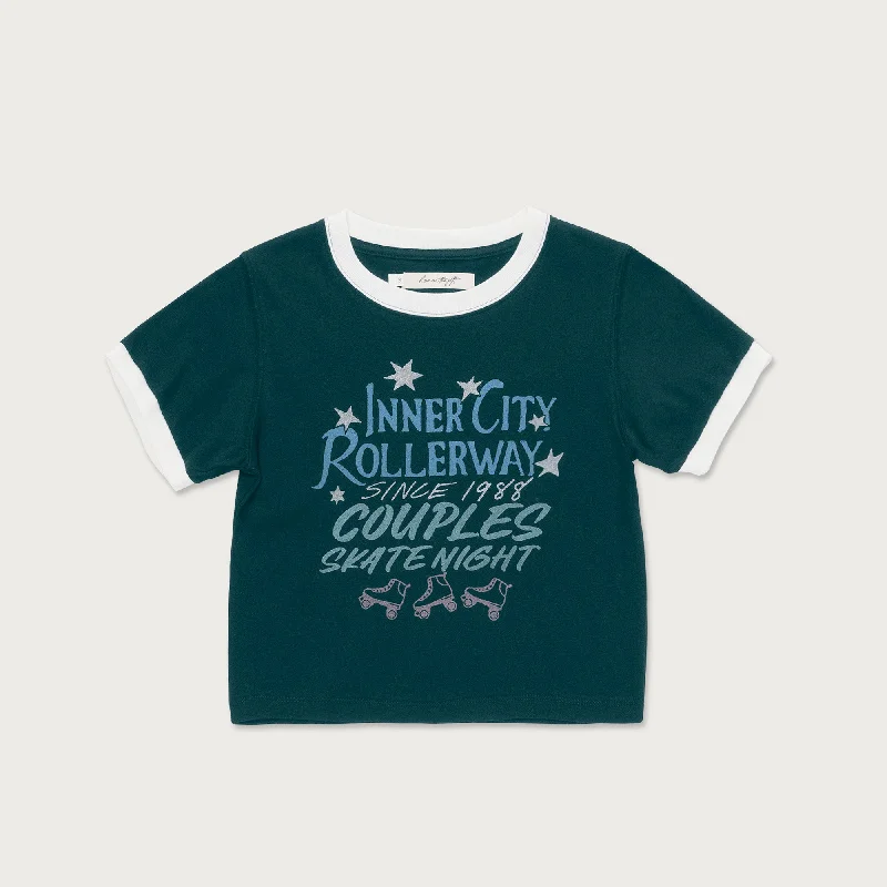 Womens Inner City Rollerway T-Shirt - Green Notch Collar Peter Pan Collar Cowl Neck