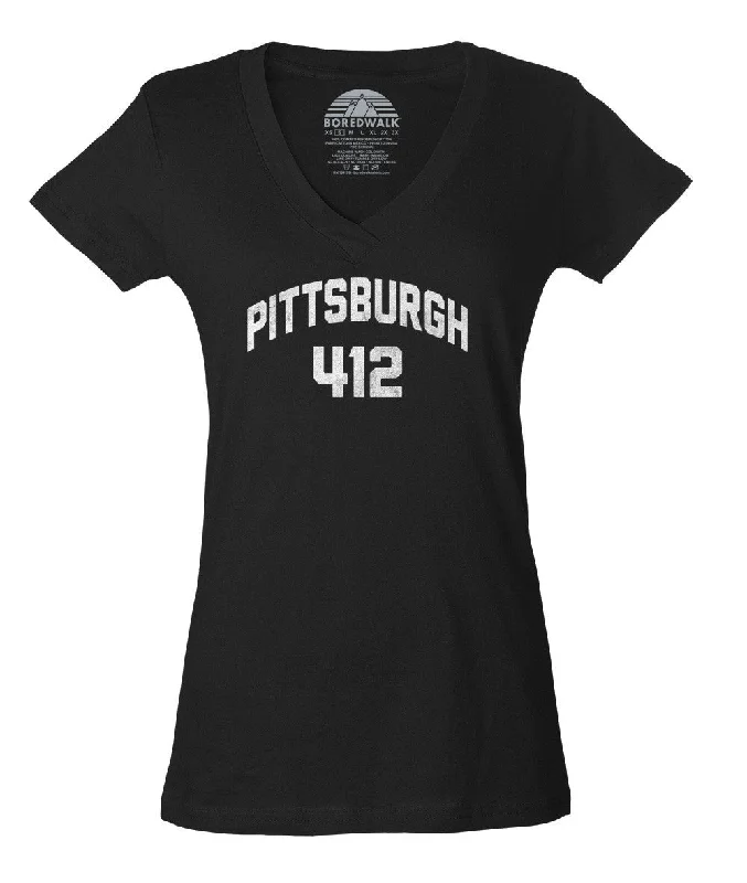 Women's Pittsburgh 412 Area Code Vneck T-Shirt Denim Fabric Leather Fabric Suede Fabric
