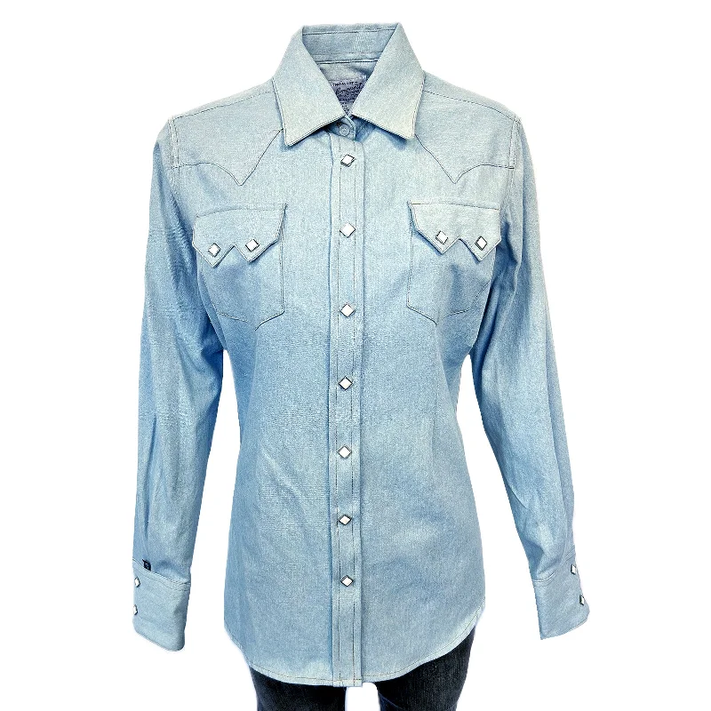 Women's Stonewashed Sky Blue Sawtooth Denim Western Shirt Basic T-Shirt Crew Neck Short Sleeve