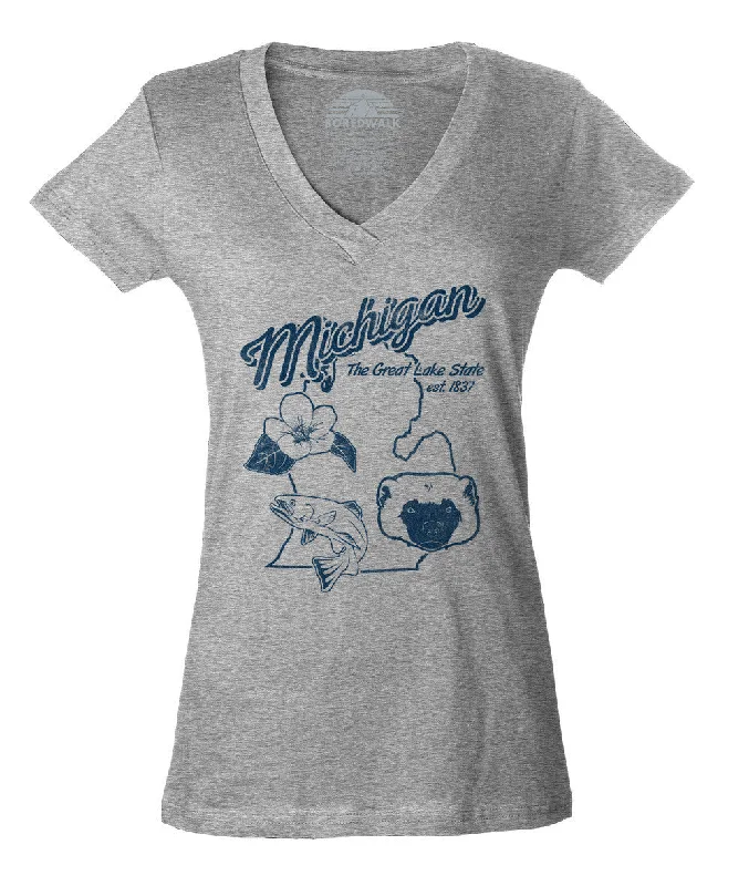 Women's Vintage Michigan State Vneck T-Shirt Print Jacquard Patchwork
