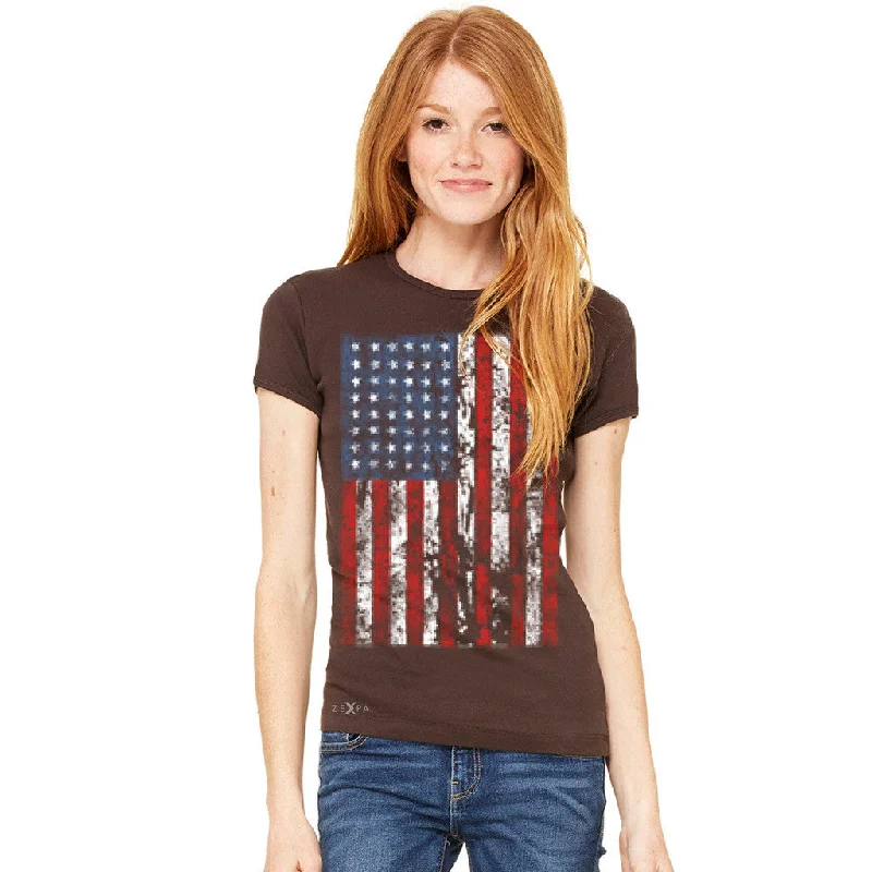 Zexpa Apparel™ Distressed USA Flag 4th of July Women's T-shirt Patriotic Tee Terry Blend Velvet Blend Canvas Blend