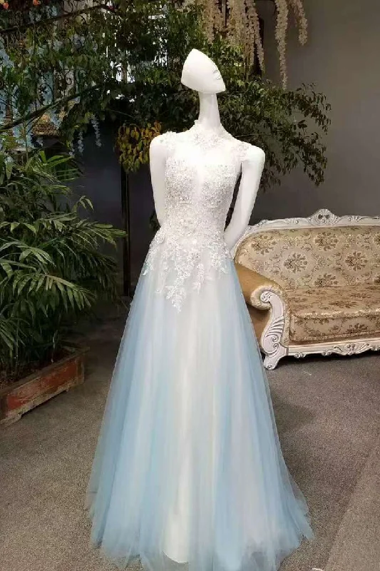 2024 A-Line High Neck Tulle Prom Dresses Floor Length Lace Up
