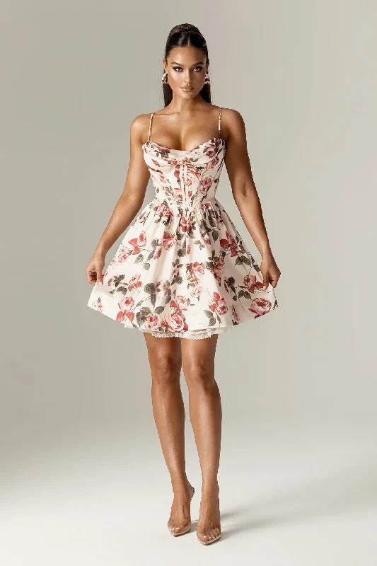 Altha Italian Rose Print Corset Mini Dress (Rose Print) Classic Striped Mini Dress
