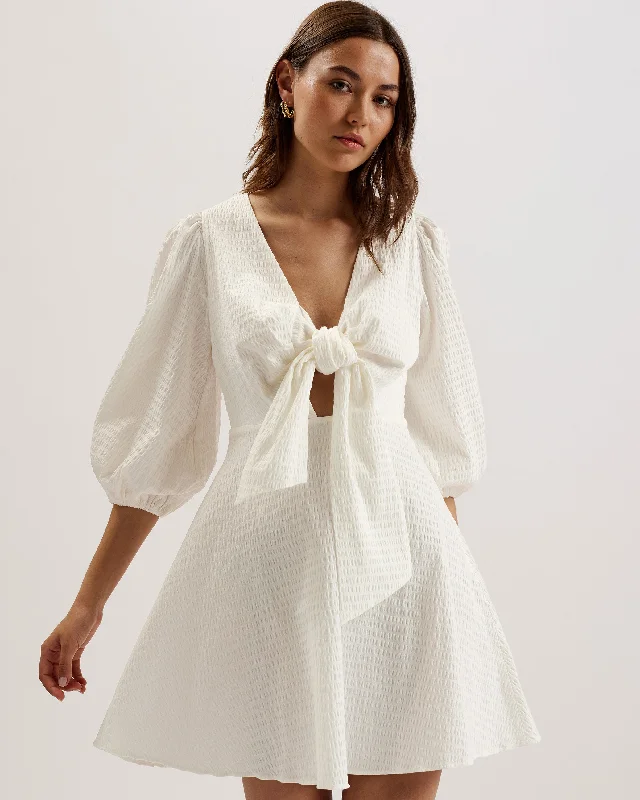 Askas Seersucker Tie Front Mini Dress White Trendy Mesh Mini Dress