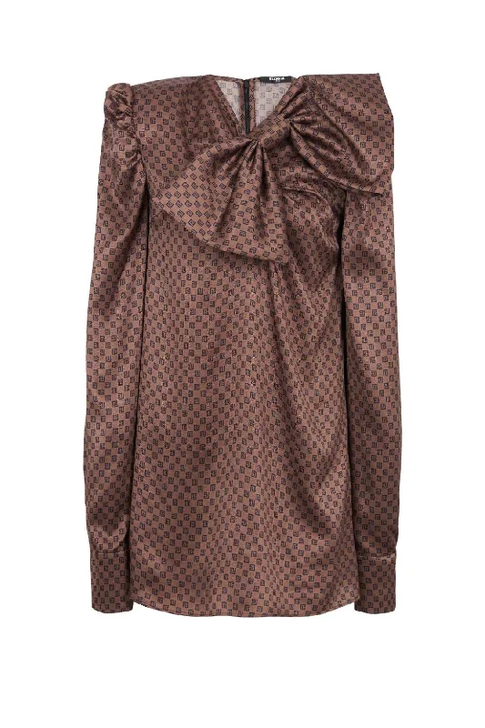 Balmain Bow Detail Monogram Satin Mini Dress - Brown Comfortable One-Shoulder Mini Dress