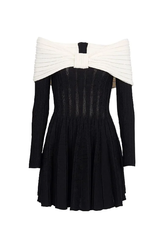 Balmain Off The Shoulder Knit Mini Dress - Black/ White Casual Mini Dress with Pockets
