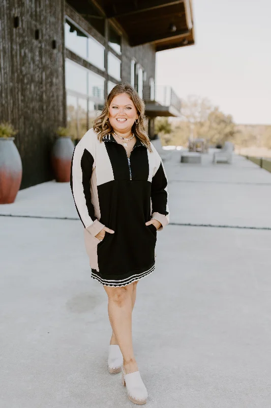 Black Colorblock Long Sleeve Collared Mini Dress Trendy Cut-Out Mini Dress