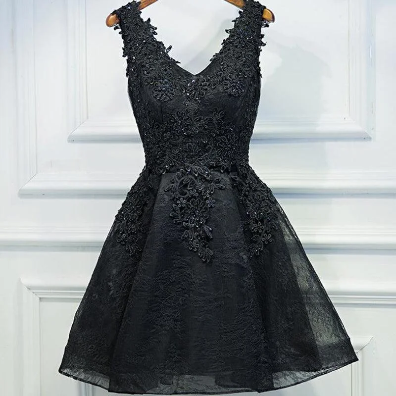 Black Short V-neck Evening Cocktail Black Mini Dress Fashionable Lace-Trim Mini Dress